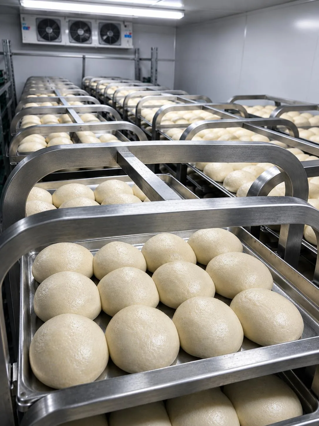 Racks of freshly formed pizza dough balls proving in the Ferraro Pizza facility in Ishøj